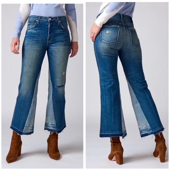 Anthropologie AMO Crop Boot Jeans Distressed w/ Raw Hem Button Fly Two Tone 24‎ - Picture 1 of 14